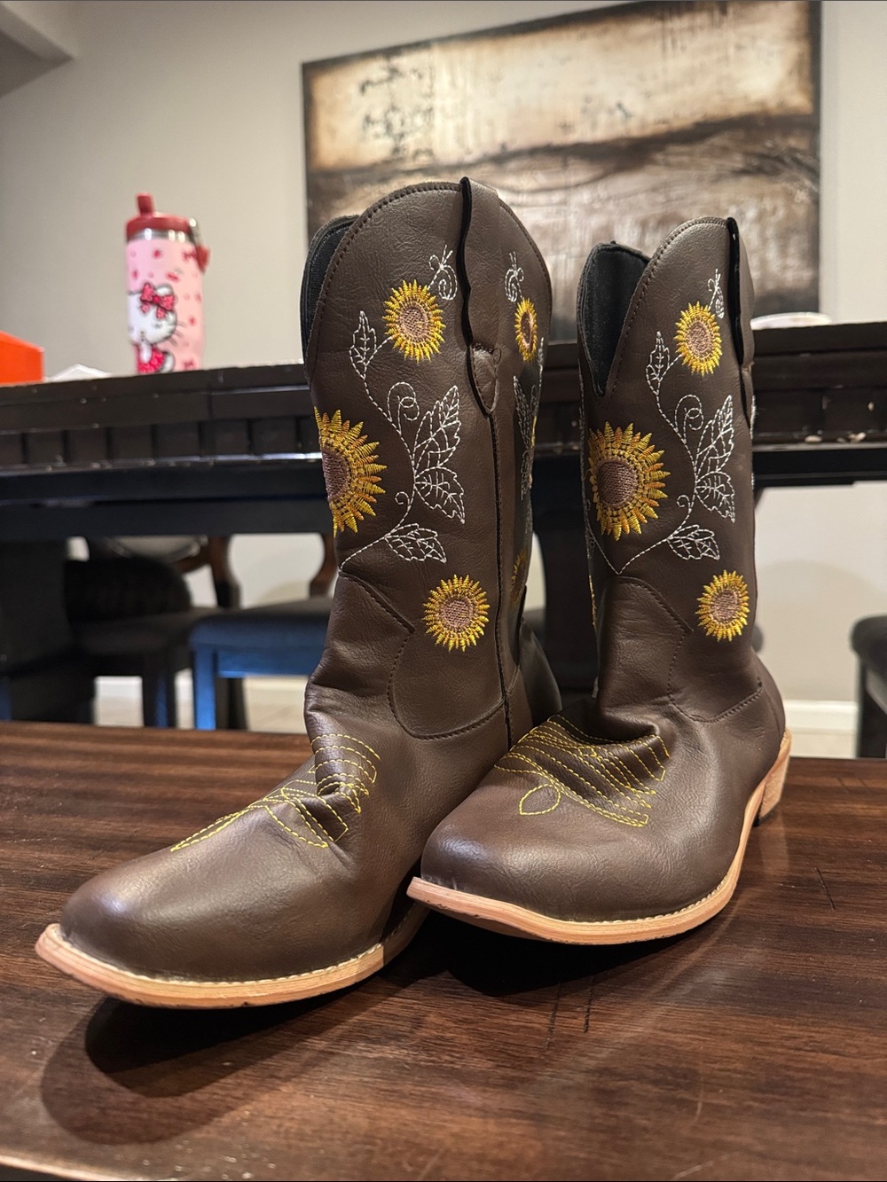 Brown Sunflower Embroidered Cowboy Boots for Men